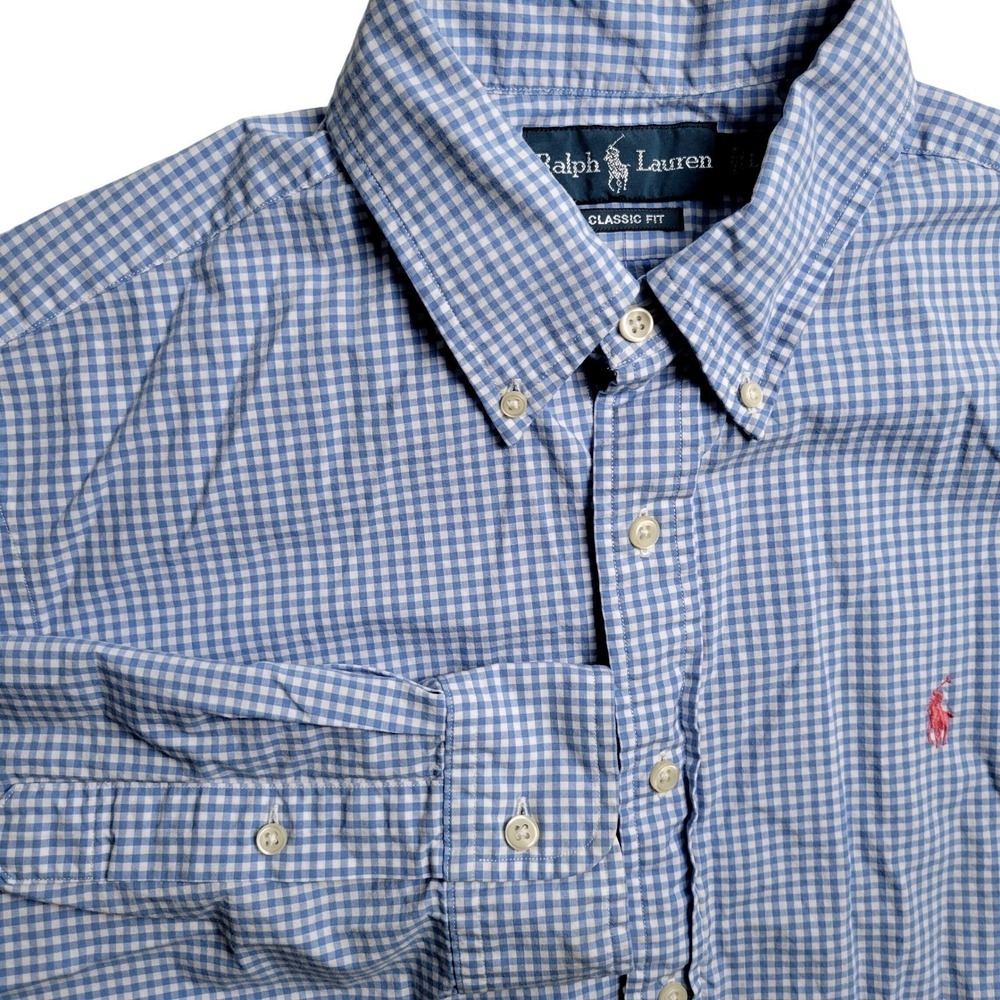 Ralph Lauren Men's L Classic Fit Button Down Blue White Gingham Print Pink Logo